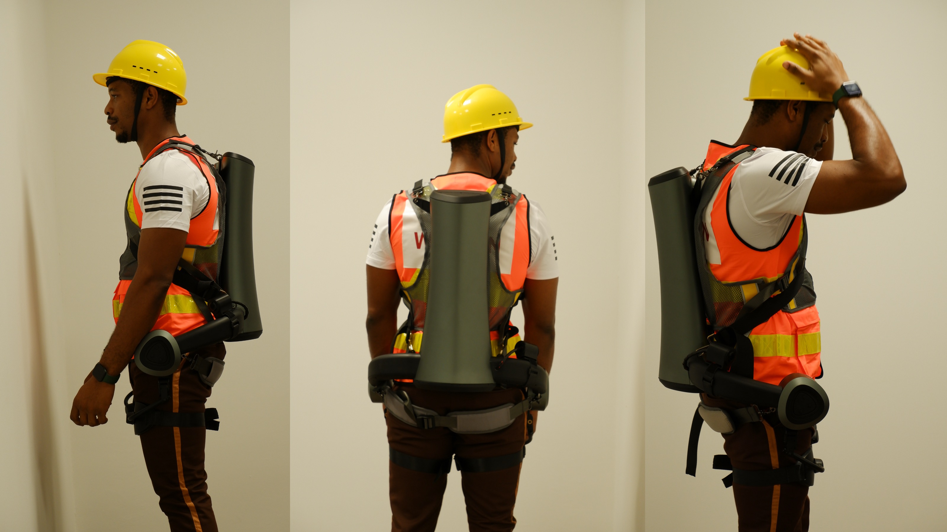 an image of a person wearing a back exoskeleton